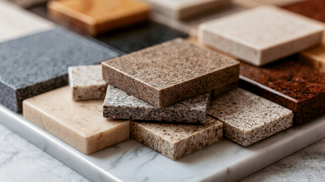 Natural Granite Marble and Quartz Countertop Samples on White Carrara Marble