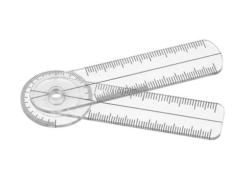 Transparent plastic goniometer ruler for measuring range of motion in medical therapy isolated on white background, professional medical assessment tool, angle protractor, orthopedic equipment.