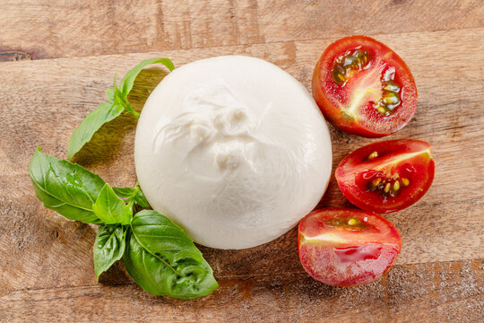 Fresh burrata cheese (or buffalo mozzarella) with sliced cherry tomatoes and basil