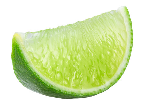 Close-up studio shot of a single juicy crescent-shaped green lime fruit slice wedge, isolated on a white background. Clipping Path.