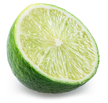 Green lime cut exactly in half isolated on a white background. Clipping Path.