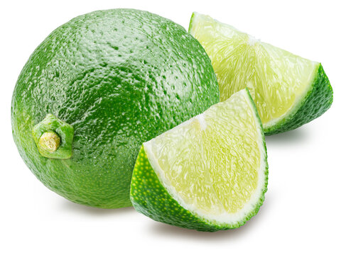Fresh green lime fruit with slices of lime isolated on a white background. Clipping Path.