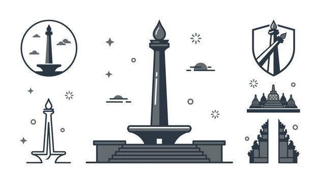 Indonesia Landmark and Heritage Icon Set with National Monument Monas, Borobudur Temple, Bali Candi Bentar Gate, and Jakarta Cultural Travel Symbols