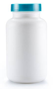 A blank white plastic medical bottle with a blue cap isolated on a white background.