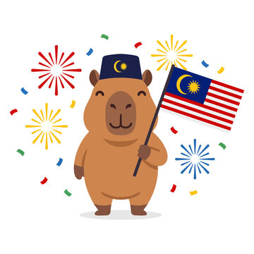 Cute capybara wearing songkok hat holding malaysia flag with fireworks for merdeka day celebration concept isolated illustration