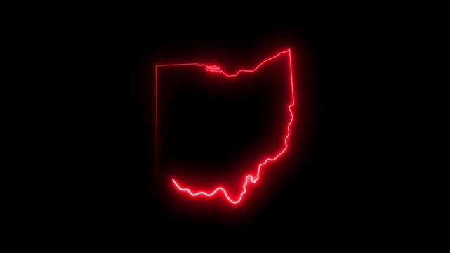Glowing red neon outline map of ohio state on black background 4K video motion
