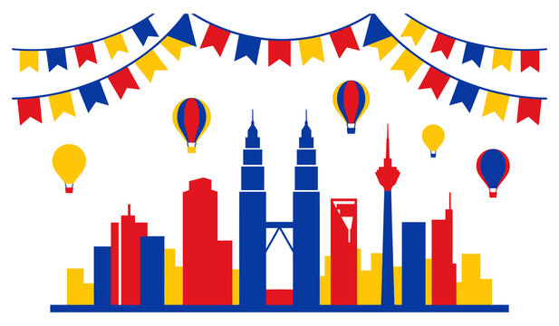 Kuala Lumpur skyline with twin towers and malaysia flag bunting garland for merdeka day independence celebration vector