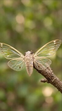 Cicada Insect Botanical Timelapse Cinematic Background Showing Transparent Wing Detail Emerging on Textured Branch with Soft Green Forest Bokeh and Tranquil Natural Woodland Atmosphere