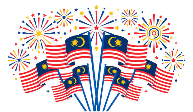 Group of malaysian flags with colorful fireworks explosion background for national independence day merdeka festival concept