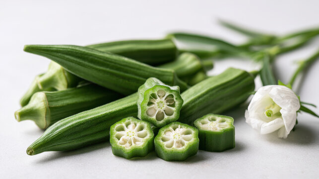 Fresh whole and sliced okra pods with visible seeds and white flower arranged on a clean white background