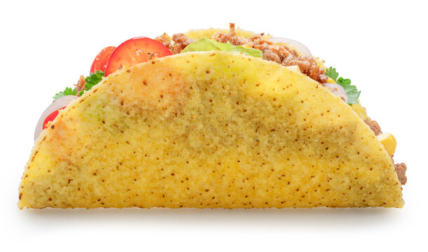 Mexican meat taco or beef stuffed tortilla isolated on white background. File contains clipping path.