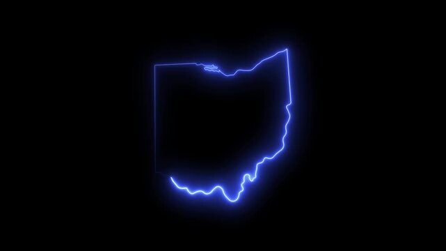 Glowing neon outline map of ohio state, usa, blue digital border animation 4K video motion