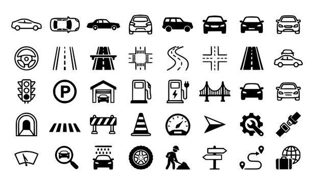 Complete Car Road Traffic and Transportation Black Vector Icon Collection