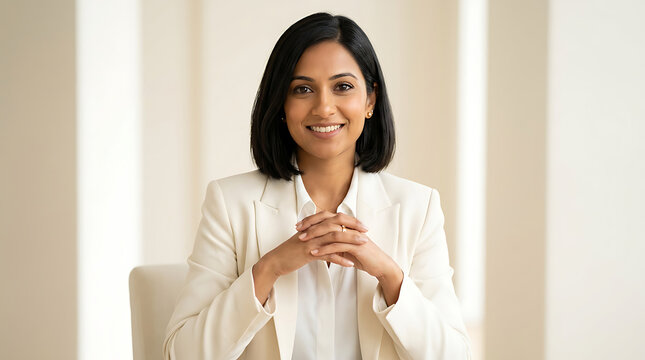 Confident professional woman in a white blazer smiling and seated in a bright modern office environment captured in a warm,