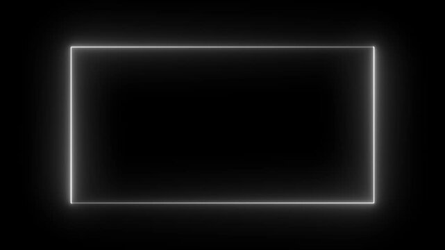 Glowing white neon rectangular frame border animation on black background, rectangle  4K video motion 