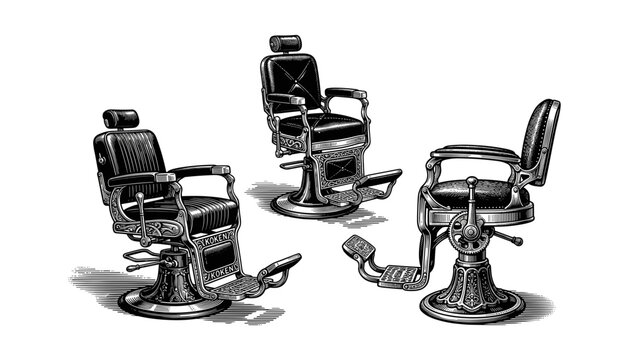 Old fashioned barber shop chairs vector drawing set displaying hydraulic mechanism details from different angular perspectives