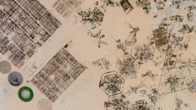Flying above agricultural landscape in arid area. Camera is moving right and up. Animation based on image by NASA