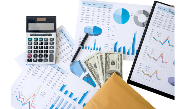 Business Office Desk Flat Lay with Charts, Calculator, Notebook and Financial Documents for Corporate Finance, Accounting and Planning Transparent PNG