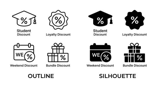 Discount Icons Collection: A set of graphic icons representing various discount types, including student, loyalty, weekend, and bundle discounts, presented in both outline and silhouette styles.
