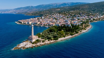 Fototapeta premium Gytheio town and cranae island lighthouse aerial view