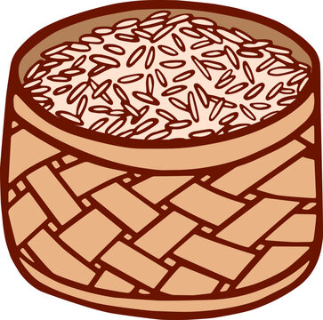 White Rice Grains in Woven Basket Vector