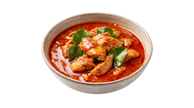 Thai red curry chicken in ceramic bowl, spicy coconut milk stew with kaffir lime leaves, authentic asian cuisine on white background
