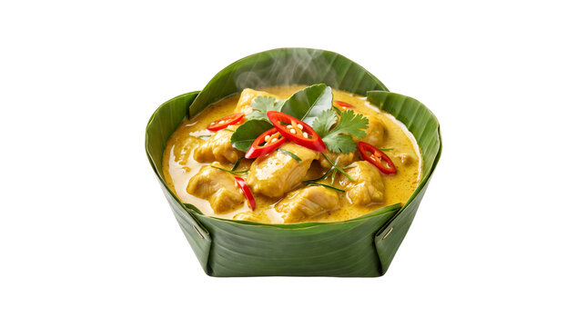 Thai yellow chicken curry in banana leaf bowl, spicy coconut milk stew with red chili, authentic asian cuisine on white background