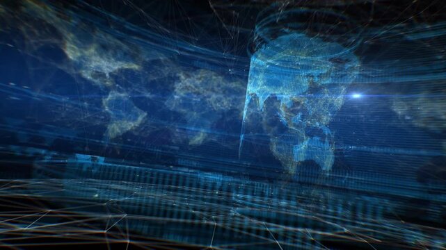 World map digital. Video in loop. Useful for virtual news studio, modern newsroom, live news ticker and more. Use this rotating world map background for 24 news intro,  sports channel design, movie.