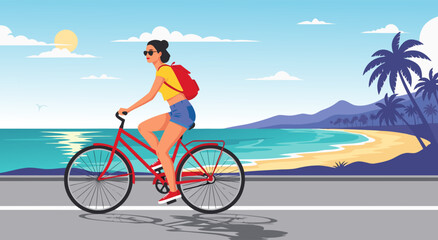 Fototapeta premium A young woman cycling on a beach road at sunset, a digital illustration capturing a summer travel scene in a flat vector art style for lifestyle design