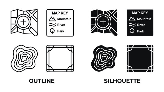 Map Icons: A collection of outline and silhouette icons representing map elements including a magnifying glass over a map, a map key, contour lines, and corner markers.