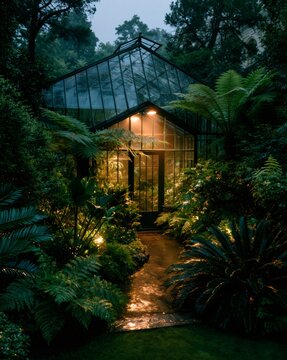 Greenhouse illuminating lush tropical garden at evening
