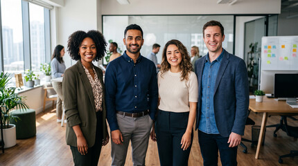 Obraz premium A diverse team of four professionals smiling in a modern office setting, representing collaboration and success in business.