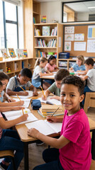 Obraz premium Children studying in a bright classroom, with one boy smiling, representing education, learning, and engagement