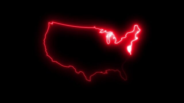 Glowing red neon outline map of the united states of america on black background  4K video motion