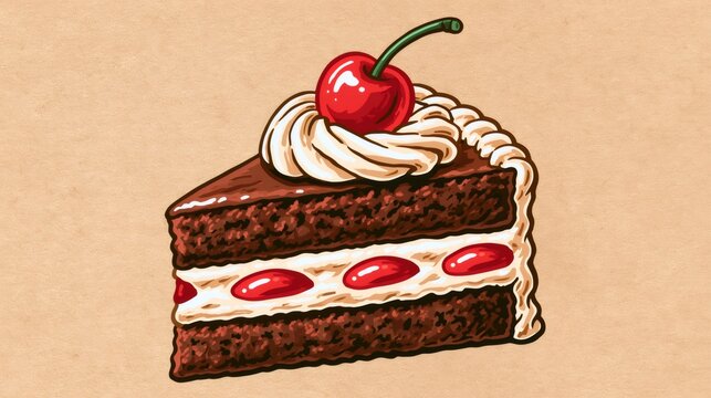 Black forest cake slice with cherry and whipped cream