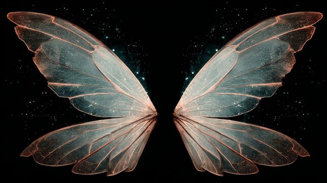 Magical translucent fairy wings with glowing sparkles on black background