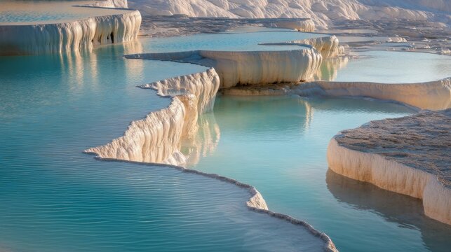 stunning white travertine terraces and blue thermal pools in pamukkale