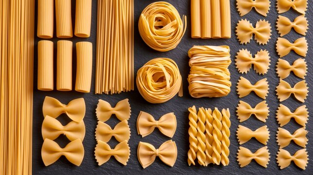 Assortment of dried italian pasta varieties on dark background