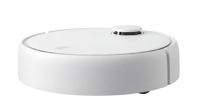 Modern white robot vacuum cleaner, smart robotic floor sweeper on white background, autonomous home cleaning appliance