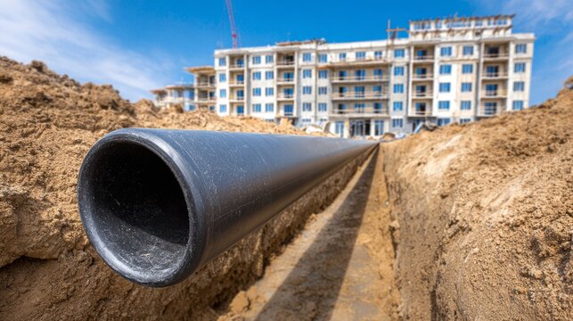 black plastic water pipe laid in trench at construction site