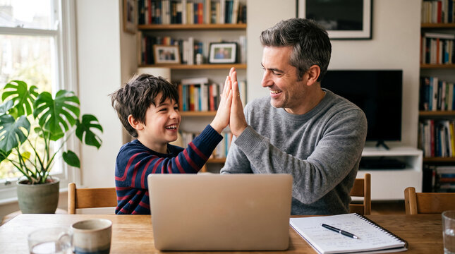 Father and son giving high-five at table with laptop, symbolizing family bonding, education, and success, perfect for lifestyle or business concepts
