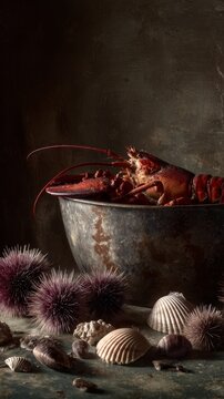lobster; seafood; bowl; urchin; seashell; shell; food; gourmet; delicious; meal; dinner; luxury; fresh; cooked; red; dark; rustic; stilllife; moody; artistic; elegant; gourmet; catch; ocean; sea; mari