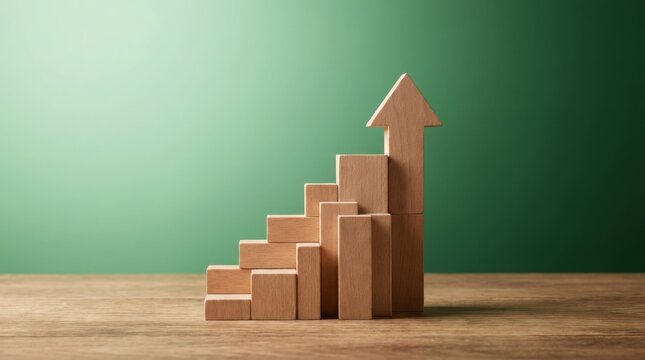 Wooden blocks stacked in a staircase shape with an arrow on top