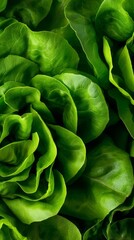 Obraz premium Macro close up of fresh organic green butterhead lettuce leaves texture.