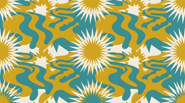 Retro psychedelic seamless pattern with yellow suns and teal waves