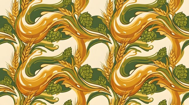 Artistic brewing pattern featuring golden barley stalks and fresh green hops