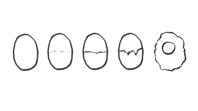 Hand-drawn line art illustration showing the sequential stages of cracking an egg from a whole shell to a broken shell and final fried egg on transparent background