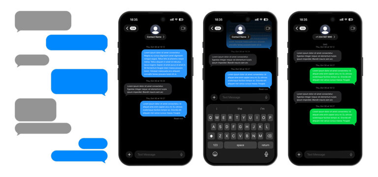 Mobile chatting app template with blue and green chat bubbles, message composer, voice chat, and file attachment elements, editable phone chat mockup vector illustration
