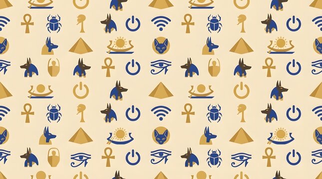 Seamless pattern featuring ancient Egyptian symbols mixed with modern icons
