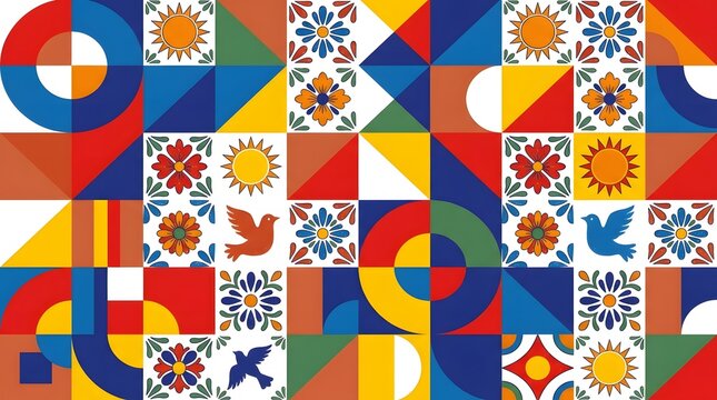 Colorful abstract geometric pattern with stylized suns and birds folk art